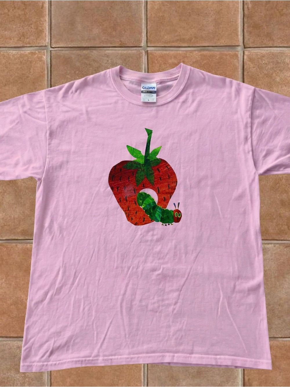 Strawberry & Caterpillar Graphic Lightpink Tee Women Cute